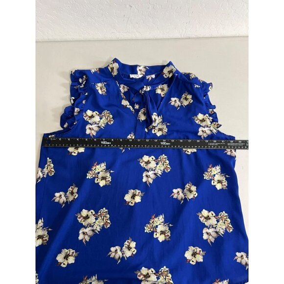 Trendy JS Sz XL Blue Floral Ruffle Sleeveless Blouse with Tie Front Detail - Picture 5 of 5